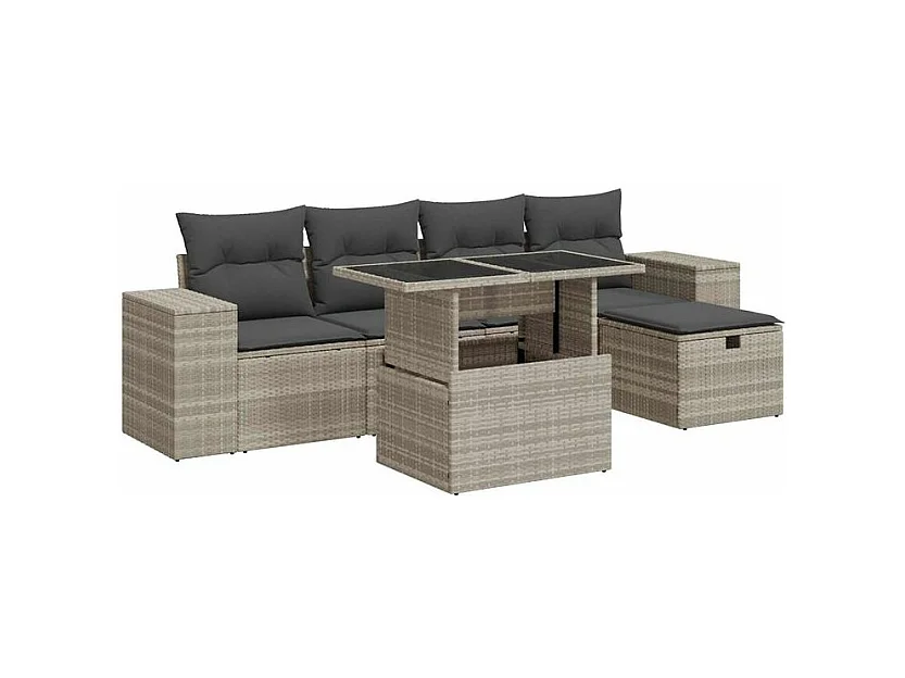 Salon de jardin 6 pcs avec coussins gris clair résine tressée