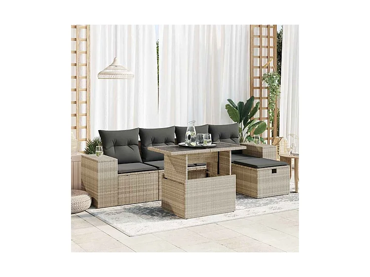 Salon de jardin 6 pcs avec coussins gris clair résine tressée