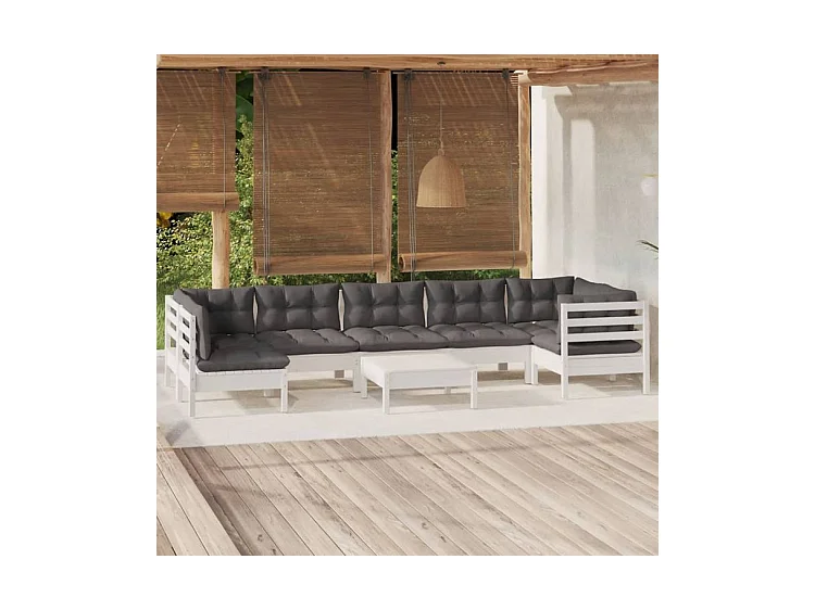 Salon de jardin 8 pcs avec coussins blanc bois de pin
