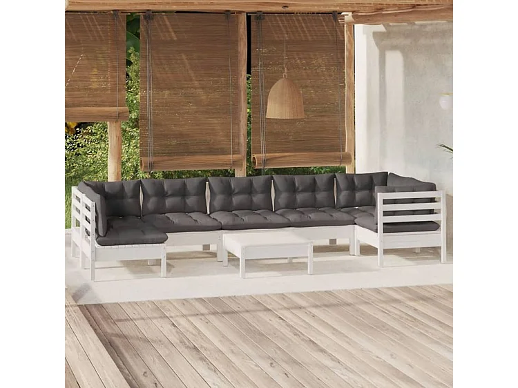 Salon de jardin 8 pcs avec coussins blanc bois de pin