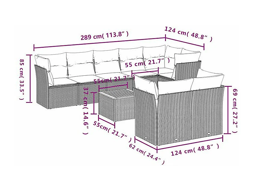 Salon de jardin 9 pcs avec coussins gris résine tressée
