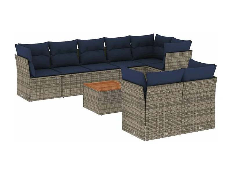 Salon de jardin 9 pcs avec coussins gris résine tressée