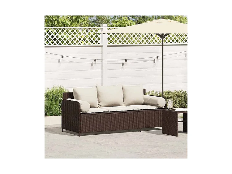 Canapé de jardin avec coussins 3 places brun résine tressée