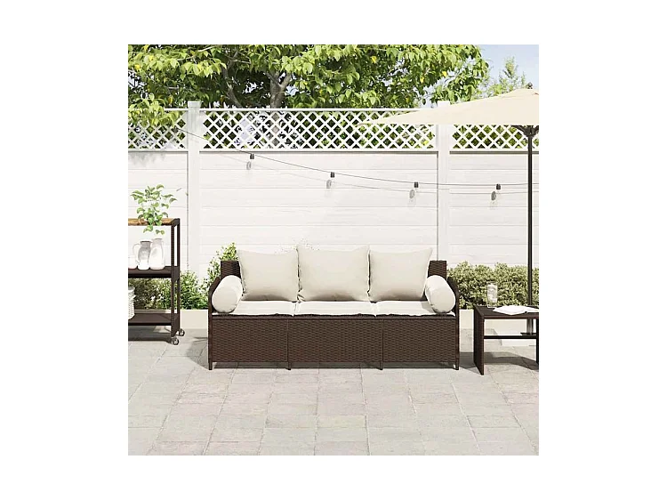 Canapé de jardin avec coussins 3 places brun résine tressée