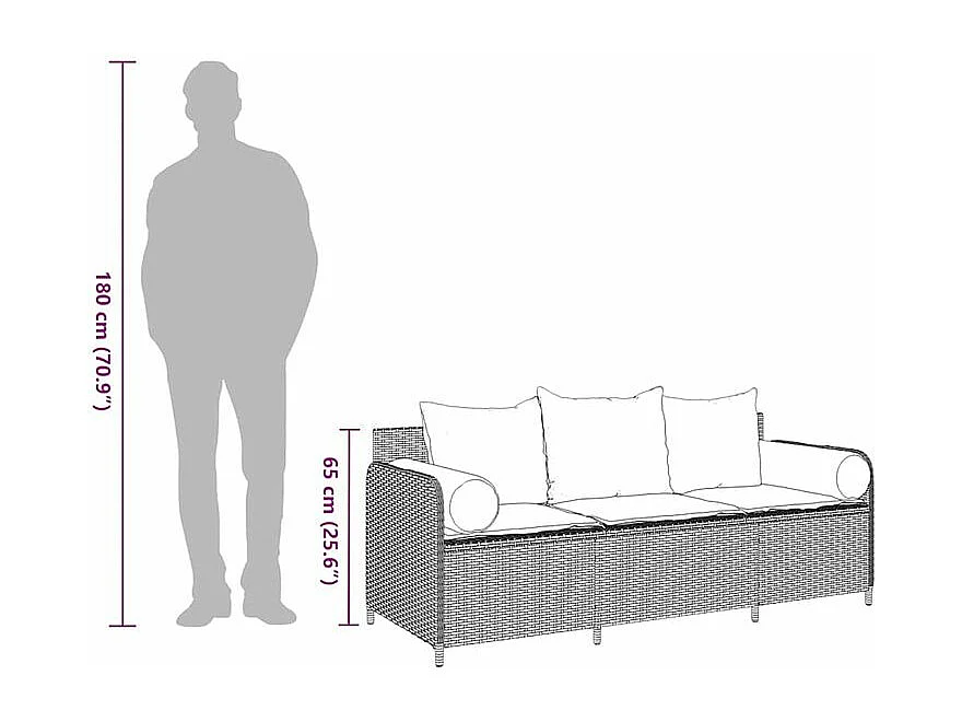 Canapé de jardin avec coussins 3 places brun résine tressée
