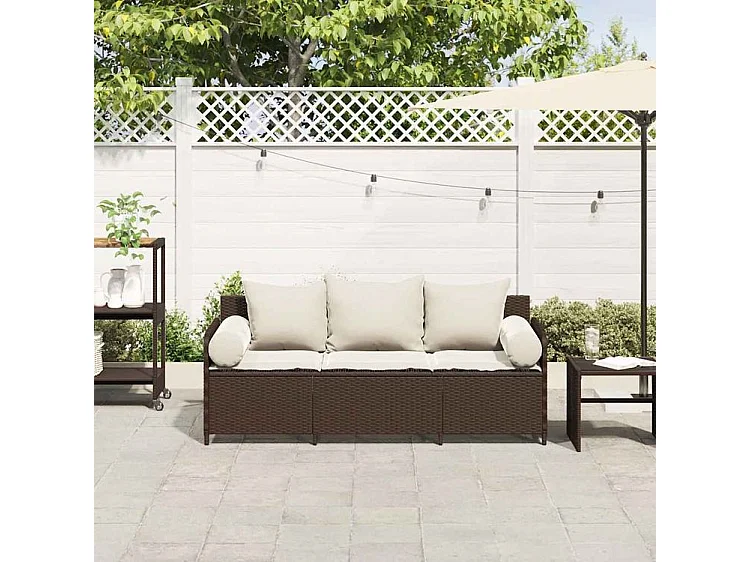 Canapé de jardin avec coussins 3 places brun résine tressée