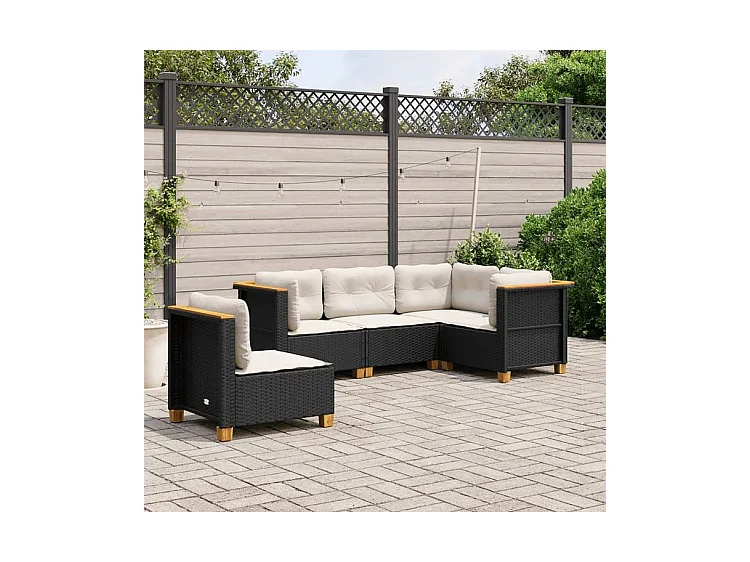 Salon de jardin 5 pcs avec coussins noir résine tressée