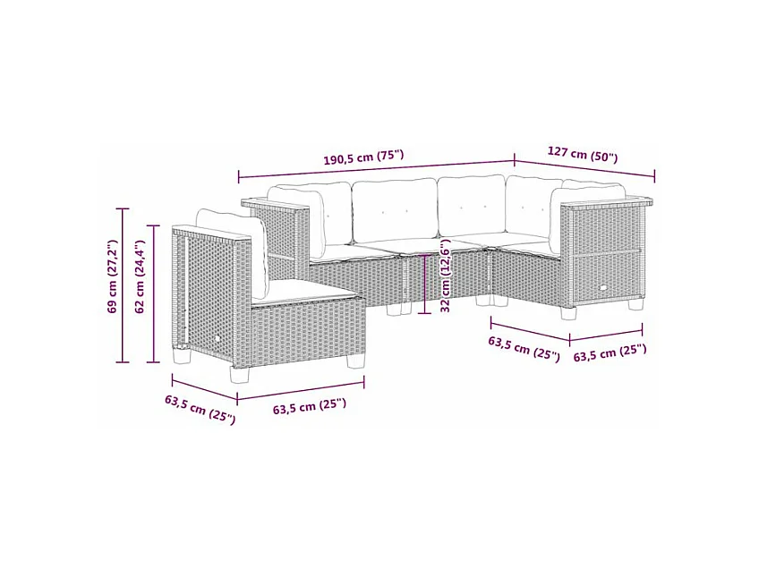 Salon de jardin 5 pcs avec coussins noir résine tressée