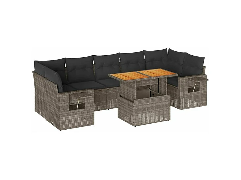 Salon de jardin 8 pcs avec coussins gris résine tressée