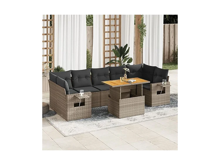 Salon de jardin 8 pcs avec coussins gris résine tressée