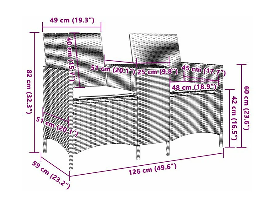 Canapé de jardin 2 places avec table et coussins résine tressée