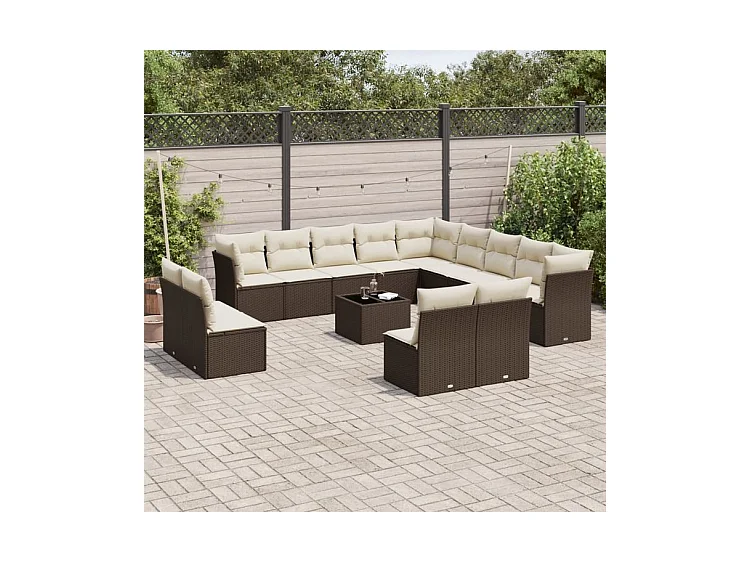 Salon de jardin avec coussins 14 pcs marron résine tressée