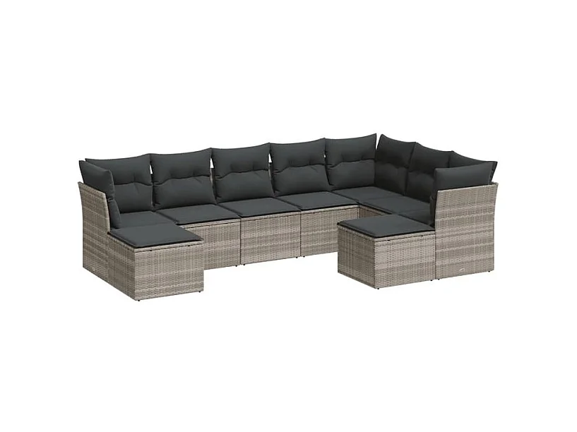Salon de jardin 9 pcs avec coussins gris clair résine tressée