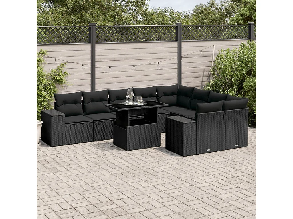 Salon de jardin 10 pcs avec coussins noir résine tressée