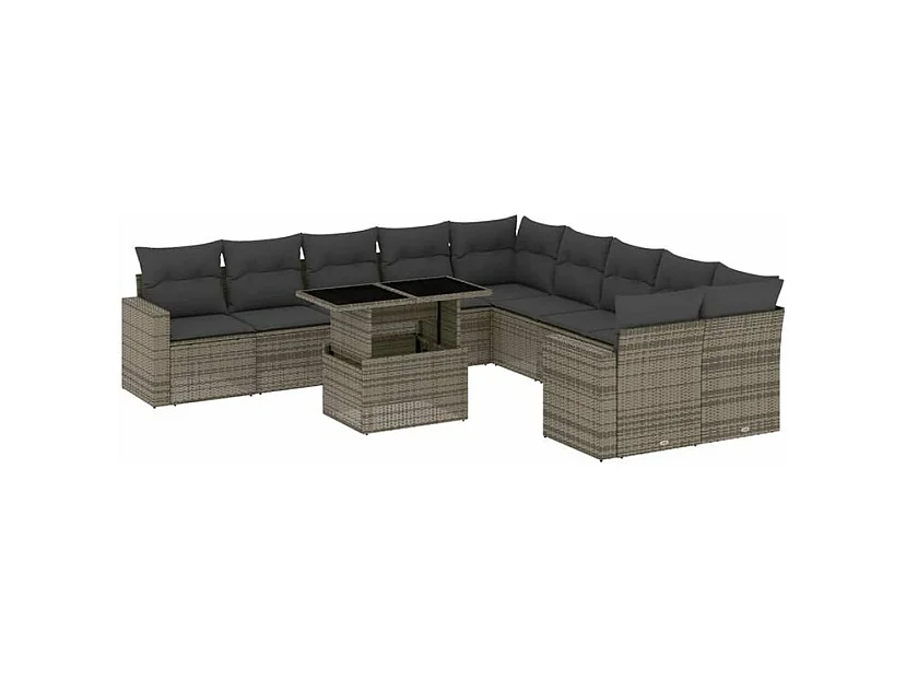 Salon de jardin 11 pcs avec coussins gris résine tressée