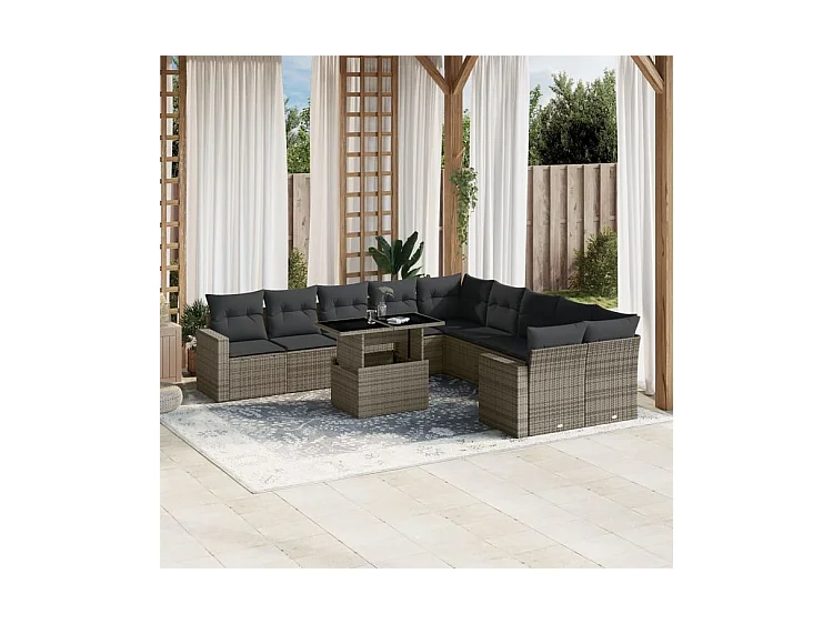 Salon de jardin 11 pcs avec coussins gris résine tressée
