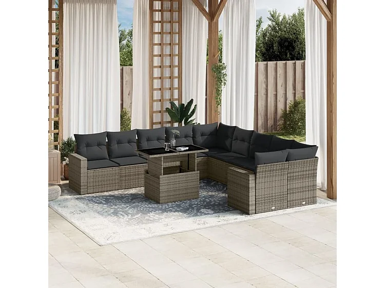 Salon de jardin 11 pcs avec coussins gris résine tressée