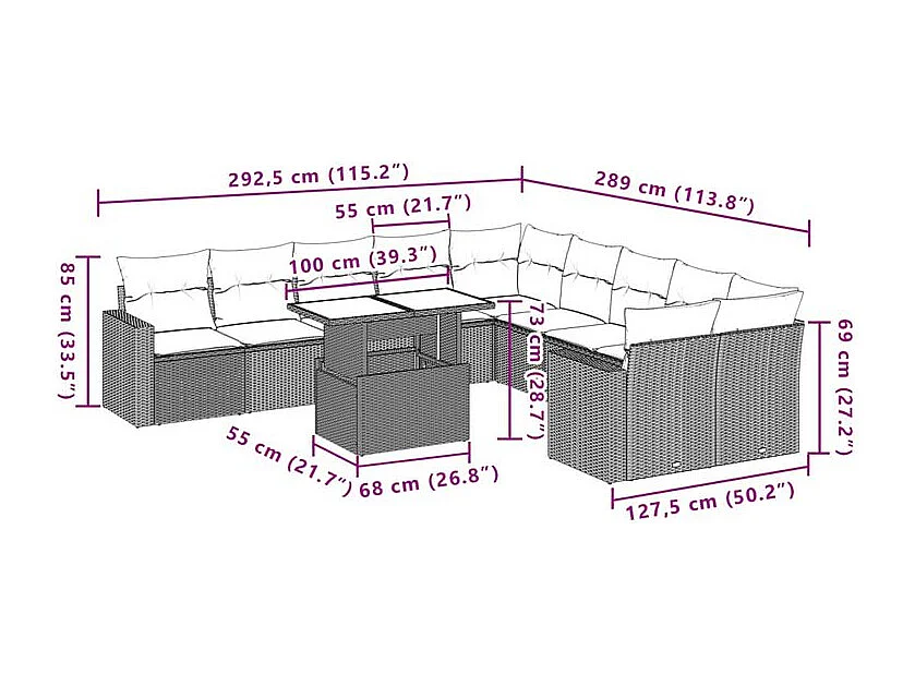 Salon de jardin 11 pcs avec coussins gris résine tressée
