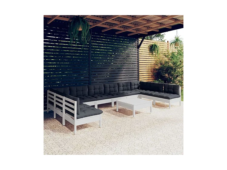 Salon de jardin 11 pcs avec coussins blanc bois de pin solide