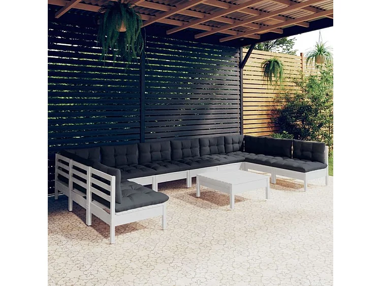 Salon de jardin 11 pcs avec coussins blanc bois de pin solide