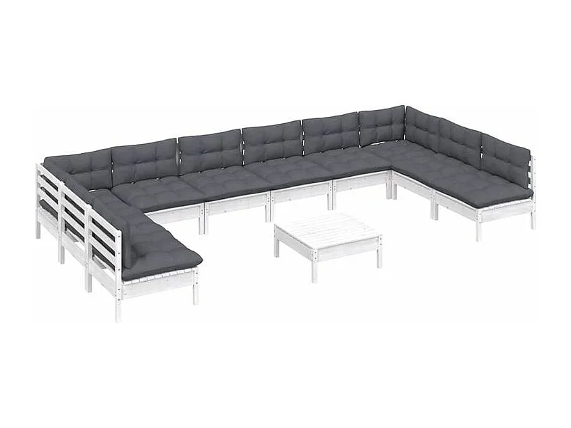 Salon de jardin 11 pcs avec coussins blanc bois de pin solide
