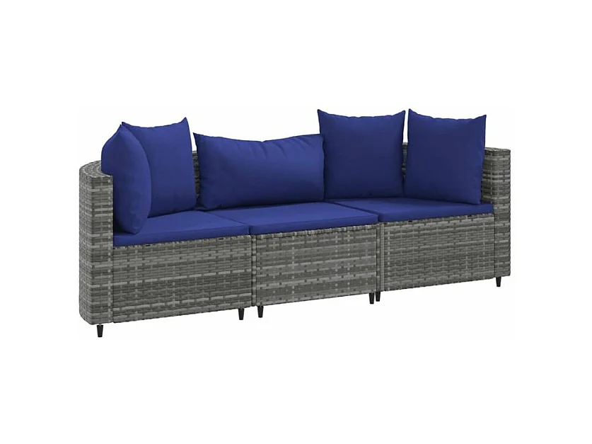 Salon de jardin avec coussins 3 pcs gris résine tressée