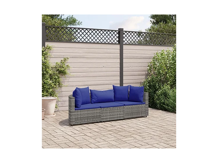 Salon de jardin avec coussins 3 pcs gris résine tressée