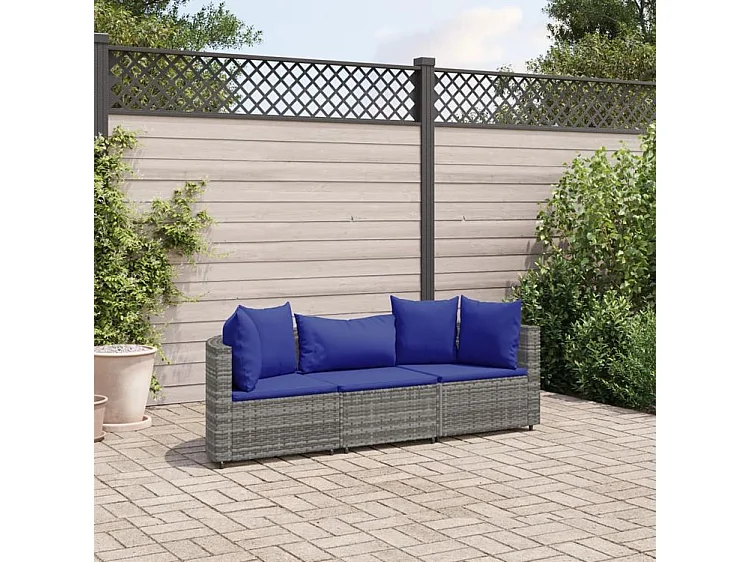 Salon de jardin avec coussins 3 pcs gris résine tressée