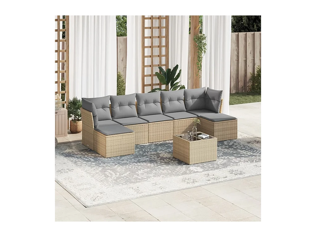 Salon de jardin avec coussins 8 pcs beige résine tressée