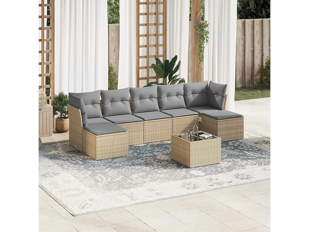 Salon de jardin avec coussins 8 pcs beige résine tressée