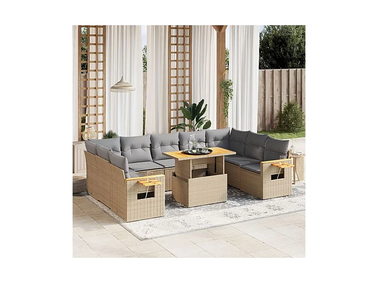 Salon de jardin avec coussins 10 pcs beige résine tressée