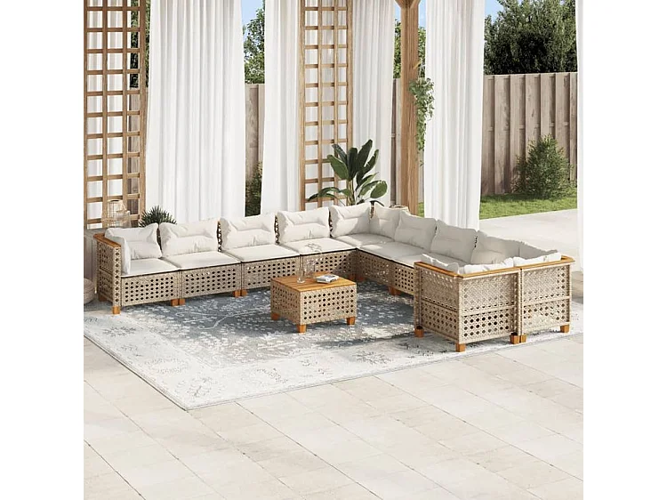 Salon de jardin 11 pcs avec coussins beige résine tressée