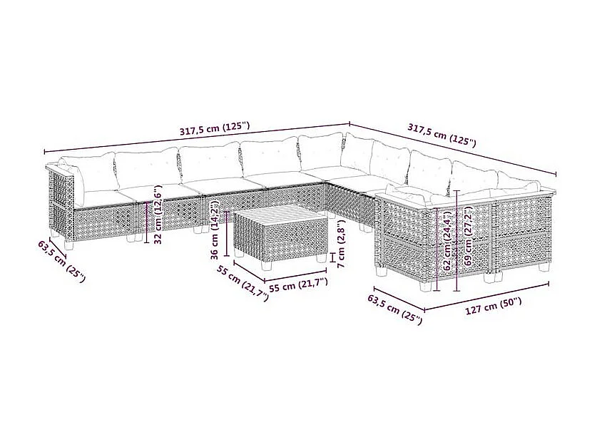 Salon de jardin 11 pcs avec coussins beige résine tressée