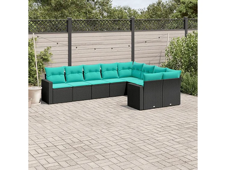 Salon de jardin 9 pcs avec coussins noir résine tressée
