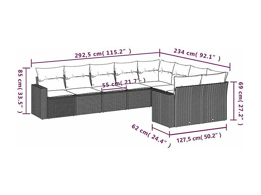 Salon de jardin 9 pcs avec coussins noir résine tressée
