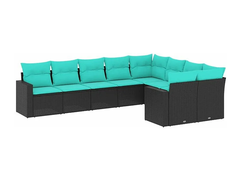 Salon de jardin 9 pcs avec coussins noir résine tressée