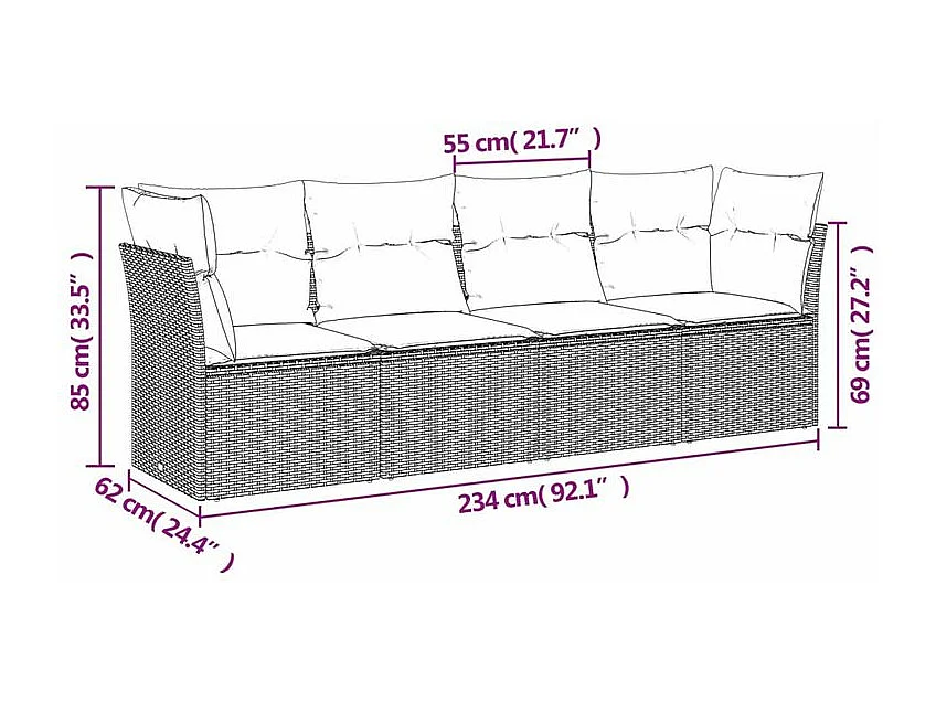 Salon de jardin 4 pcs avec coussins gris clair résine tressée