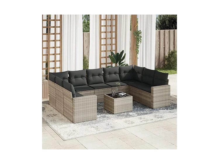 Salon de jardin avec coussins 10 pcs gris clair résine tressée