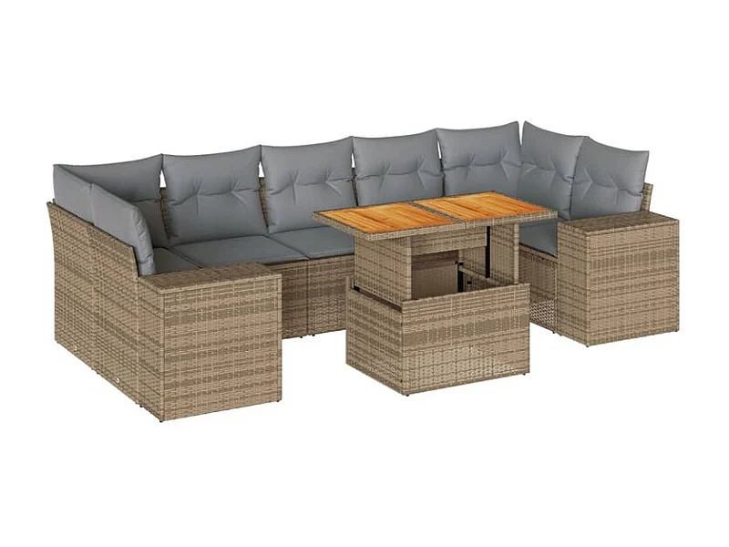 Salon de jardin avec coussins 8 pcs beige résine tressée