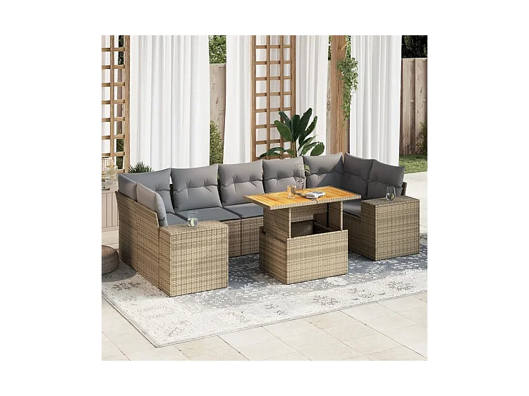 Salon de jardin avec coussins 8 pcs beige résine tressée
