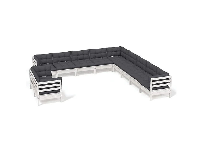 Salon de jardin 11 pcs avec coussins blanc bois de pin massif