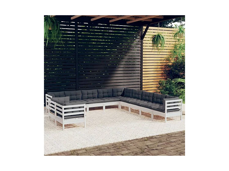 Salon de jardin 11 pcs avec coussins blanc bois de pin massif