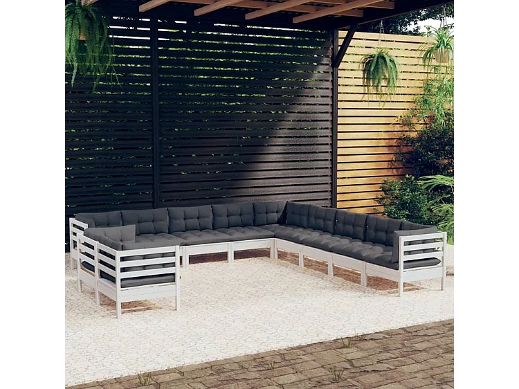 Salon de jardin 11 pcs avec coussins blanc bois de pin massif