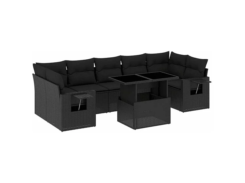 Salon de jardin 8 pcs avec coussins noir résine tressée