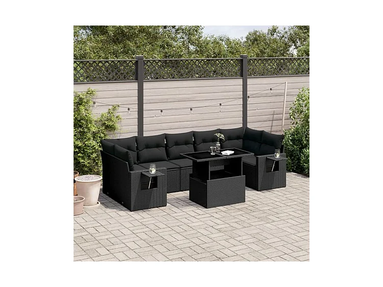 Salon de jardin 8 pcs avec coussins noir résine tressée