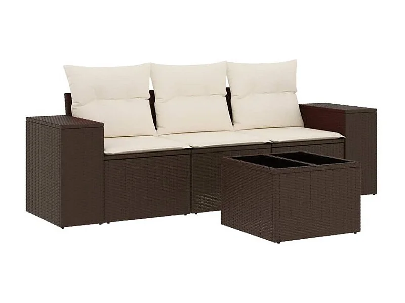 Salon de jardin 4 pcs avec coussins marron résine tressée