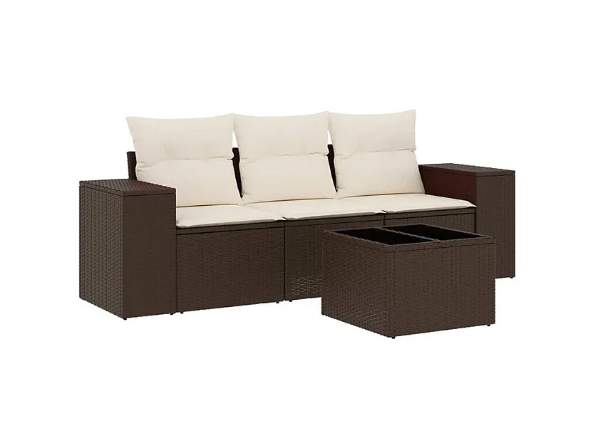 Salon de jardin 4 pcs avec coussins marron résine tressée