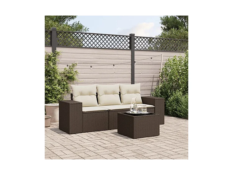 Salon de jardin 4 pcs avec coussins marron résine tressée