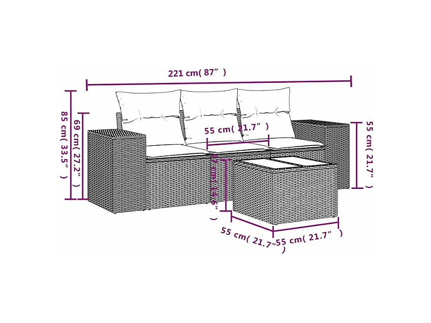 Salon de jardin 4 pcs avec coussins marron résine tressée