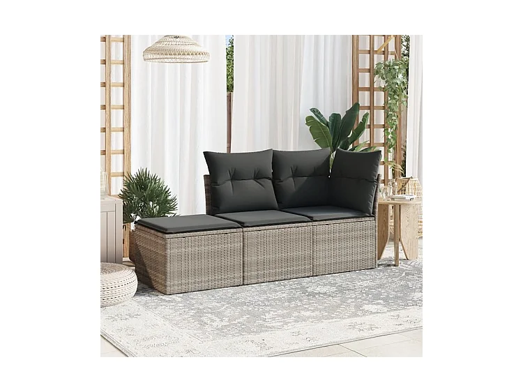 Salon de jardin avec coussins 3 pcs gris clair résine tressée